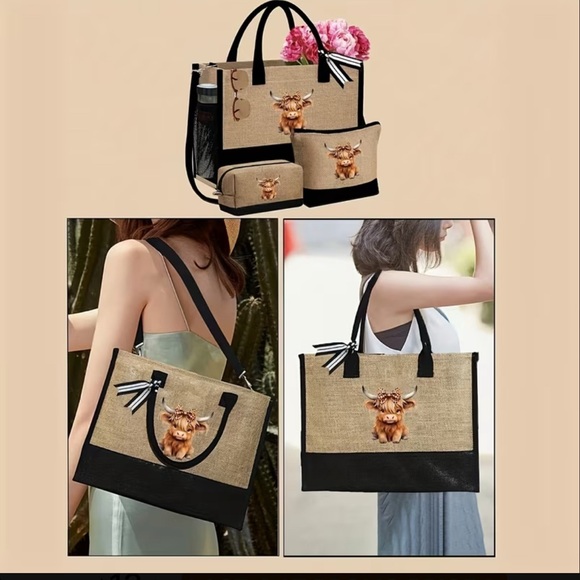 Cute Cow Print Beach Tote 3 piece set - Picture 2 of 8